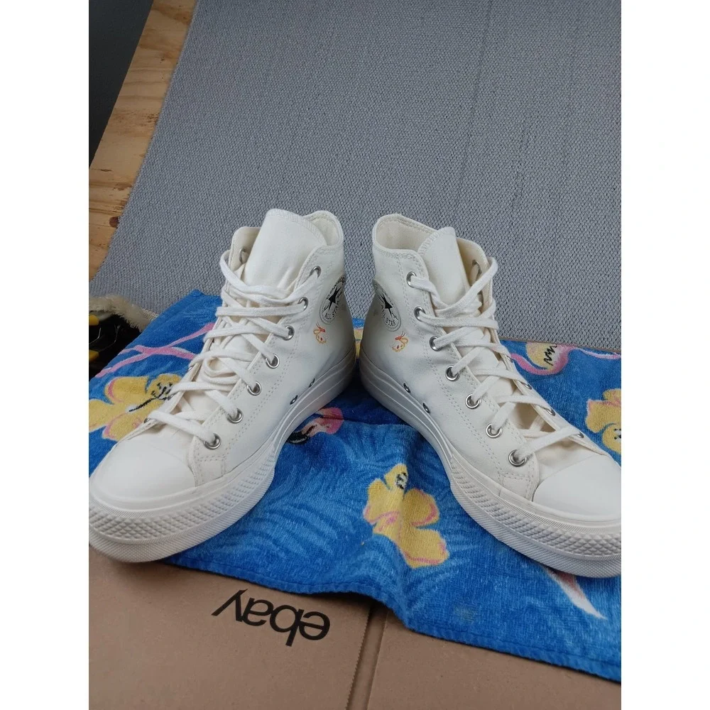 Converse All Star Lift Platform Women 10‎ White Butterfly Embroidered Y2K Hi-Top